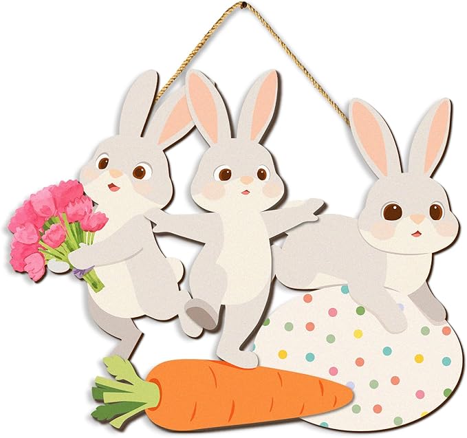 Kercan Easter Cross Wall Decoration with Purple Fabric, White Lily Flowers and Dove, He is Risen Wood Sign, 14.2x9.8 Inch Religious Home Decor (Rabbit-D)