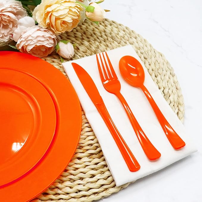 300 Pack Orange Plastic Silverware, Orange Plastic Cutlery Includes 100 Forks, 100 Spoons, 100 Knives for Birthday, Fall Party, Halloween, Thanksgiving