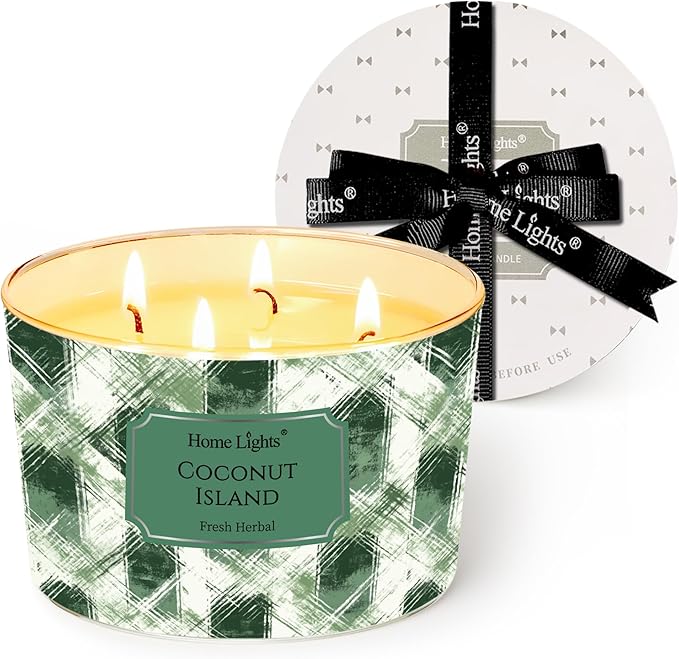 HomeLights 4-Wick Candles for Home Scented - 18oz Soy Wax Blend Candle Long-Lasting Fragrance, Scandinavian Minimalist Design Home Decor and Housewarming Gifts, Coconut Island