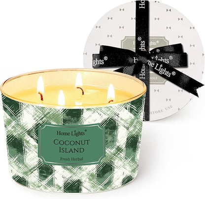 HomeLights 4-Wick Candles for Home Scented - 18oz Soy Wax Blend Candle Long-Lasting Fragrance, Scandinavian Minimalist Design Home Decor and Housewarming Gifts, Coconut Island