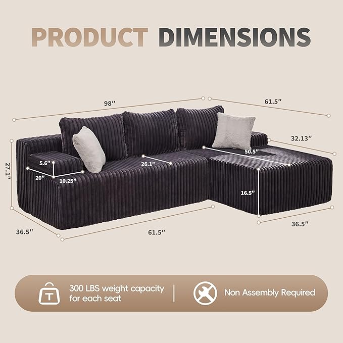 Modular Sectional Sofa Couches L-Shape Couch 3 Seat Modular Sofa Memory Foam Sectional Couches for Living Room, Cloud Couch with Oversized Chaise (Grey Stripe, 98" Right Facing Chaise)