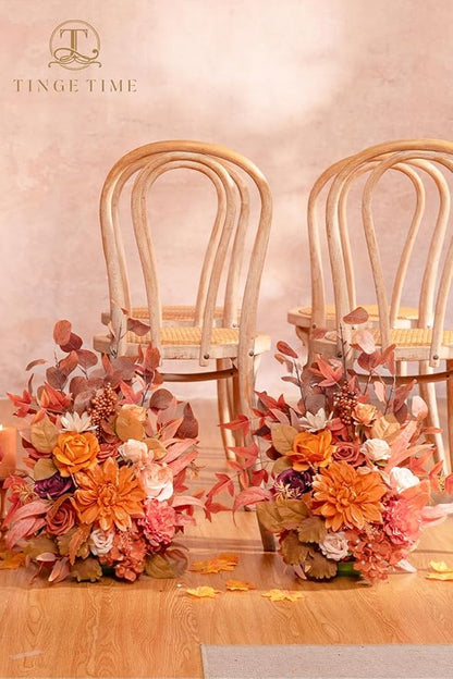 TINGE TIME Free-Standing Artificial Flower Set of 2, Table Centerpiece with Rubber Pad, Silk Fake Flower for Fall Wedding Centerpiece Archway Aisle Welcome Entrance (Maple Red)