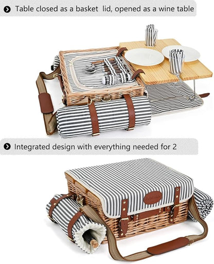 Multifunctional Wicker Picnic Basket Set for 2 with Blanket and Picnic Table, Insulated Picnic Set with Full Tablewares for Camping Outdoor Couples, Stripes