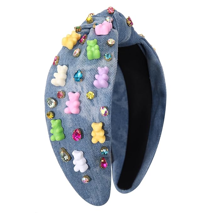 Knotted Jeweled Embellished Top Knot Hairband Statement Wide Turban Hair Hoop for Women - Funny Gifts for Girls, Sister, Birthday, Holiday Party (Crystal Denim Blue)