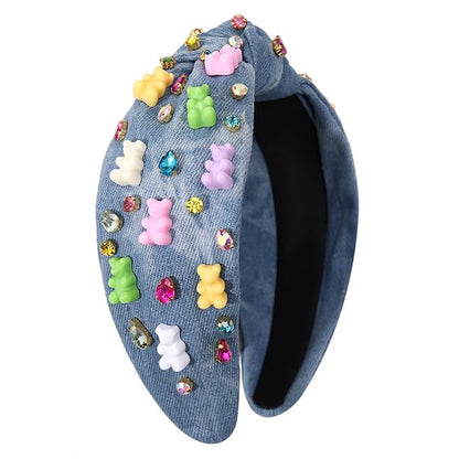 Knotted Jeweled Embellished Top Knot Hairband Statement Wide Turban Hair Hoop for Women - Funny Gifts for Girls, Sister, Birthday, Holiday Party (Crystal Denim Blue)