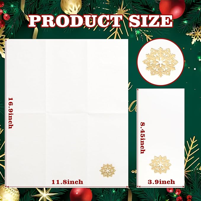 50 Pack Christmas Snowflake Paper Napkins - Cloth-like Christmas Disposable Hand Towels, Gold Premium Quality Xmas Dinner Napkin for Home Kitchen Table Bathroom Holiday Decor