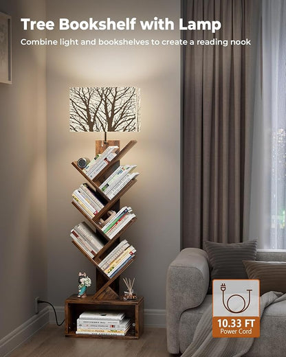 Evermagin Tree Bookshelf with Light, 6 Tier Small Bookcase, Narrow Floor Standing Book Tower Organizer with Storage Cabinet for Living Room, Bedroom and Home Office, Rustic Brown