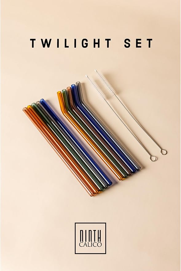 10 Pcs Reusable Glass Drinking Straws, Colorful and Durable Glass Straws for Beverages, Smoothies, Iced Coffee, Matcha, Juice, Set of 10-5 Straight, 5 Bent, 2 Cleaning Brushes - (Twilight Set)
