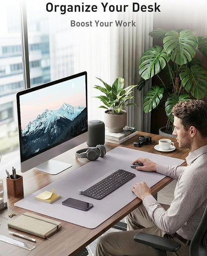 Aothia Faux Leather Desk Mat - Non-Slip PU Leather Desk Blotter, Waterproof Writing Surface, Large Desk Pad for Office & Home (Smoky Lavender, 55" x 24")