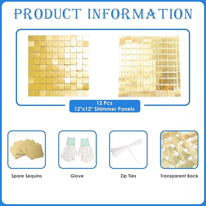 Shimmer Wall Backdrop Light Gold Square Sequin Wall Panel Backdrop Decor for Wedding, Anniversary, Birthday, Party, 12 Panels