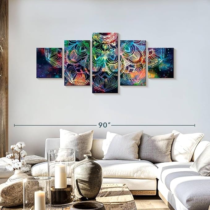 ElephantStock - Celestial Mandala Wall Art - Horizontal Multi Panel Canvas - 5 Piece Living Room Wall Decor - Digital Art Elements Multi Piece Wall Art - Turquoise And Blue Decor - 68" x 30"