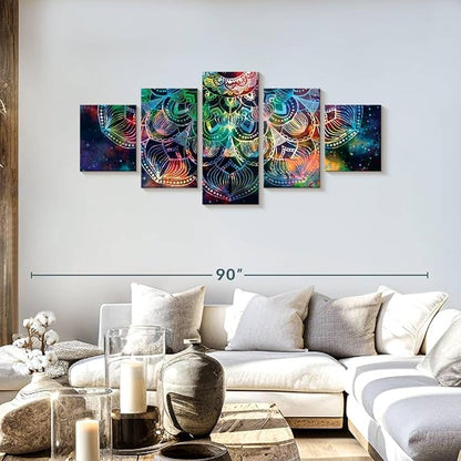 ElephantStock - Celestial Mandala Wall Art - Horizontal Multi Panel Canvas - 5 Piece Living Room Wall Decor - Digital Art Elements Multi Piece Wall Art - Turquoise And Blue Decor - 68" x 30"