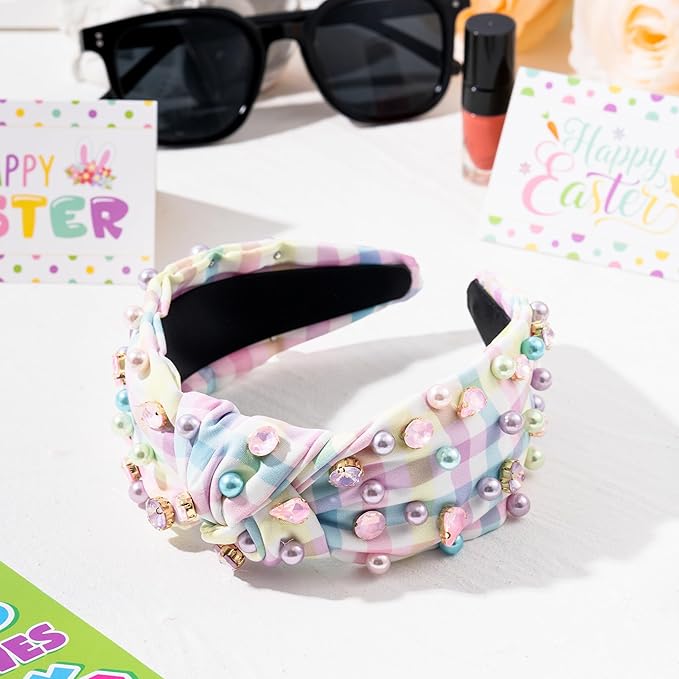 PANTIDE Pearl Jeweled Knotted Headband - Colorful Pearl Rhinestone Beads Embellished Headband Non Slip Wide Top Knot Costume Hairband Hair Accessories Spring Birthday Gift for Women Girls (Plaid)
