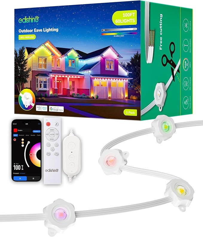 EDISHINE 100FT Cuttable Permanent Outdoor Lights PRO, 60 LED Smart RGB+IC+Warm White Eave Light, 111+ Scene Modes, App & Remote Control, IP67 Waterproof for House Christmas Decor, Alexa Google Enable