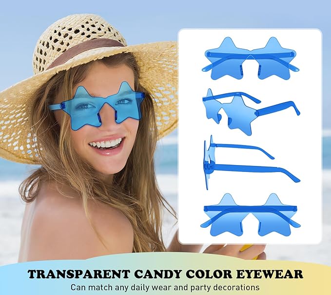 Matcheck 40 Pack Star Shaped Rimless Sunglasses Bulk Transparent Candy Colored Glasses Frameless Party Eyewear for Adults