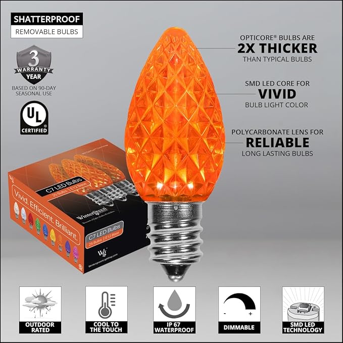 Wintergreen Lighting 25 ft C7 Orange OptiCore Commercial Christmas Lights – LED Bulbs for Halloween, Holiday, Party; Green Wire (25 Amber Lights)