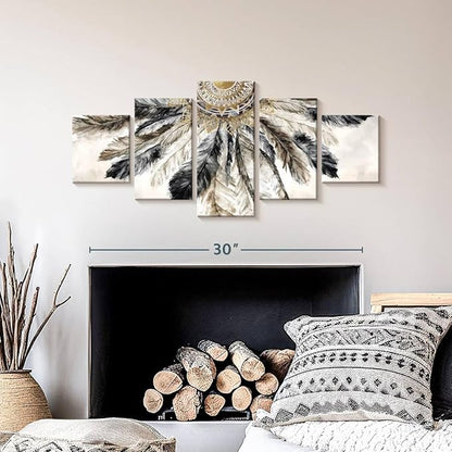 ElephantStock - Necklace Of Feathers Iii Wall Art - Horizontal Multi Panel Canvas - 5 Piece Living Room Wall Decor - Painting Multi Piece Wall Art - Brown And Gray Decor by Eva Watts - 36" x 15"