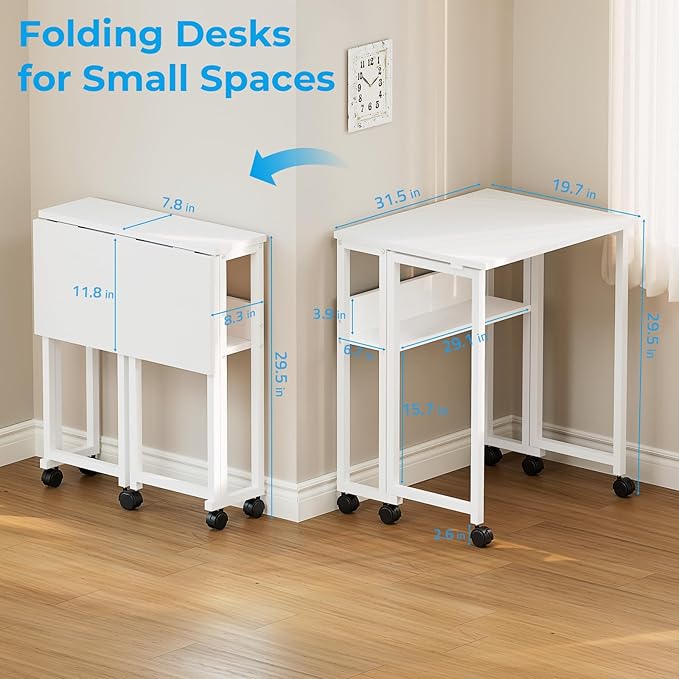 GreenForest Folding Desk Small Rolling Desk with Storage Shelf, 31.5 inch Foldable Computer Desk with Wheels for Small Space, Easy Assembly,Pure White