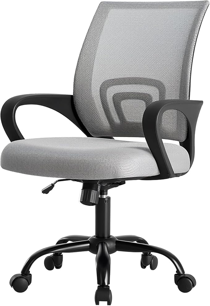 DUMOS Home Office Chair - Ergonomic Mid Back Mesh Desk Chair with Lumbar Support & Rocking Mode, Height Adjustable with Fixed Armrest, for Computer, Gaming, Meeting, Grey, 2 Pack