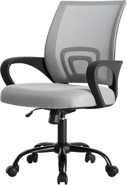 DUMOS Home Office Chair - Ergonomic Mid Back Mesh Desk Chair with Lumbar Support & Rocking Mode, Height Adjustable with Fixed Armrest, for Computer, Gaming, Meeting, Grey, 2 Pack