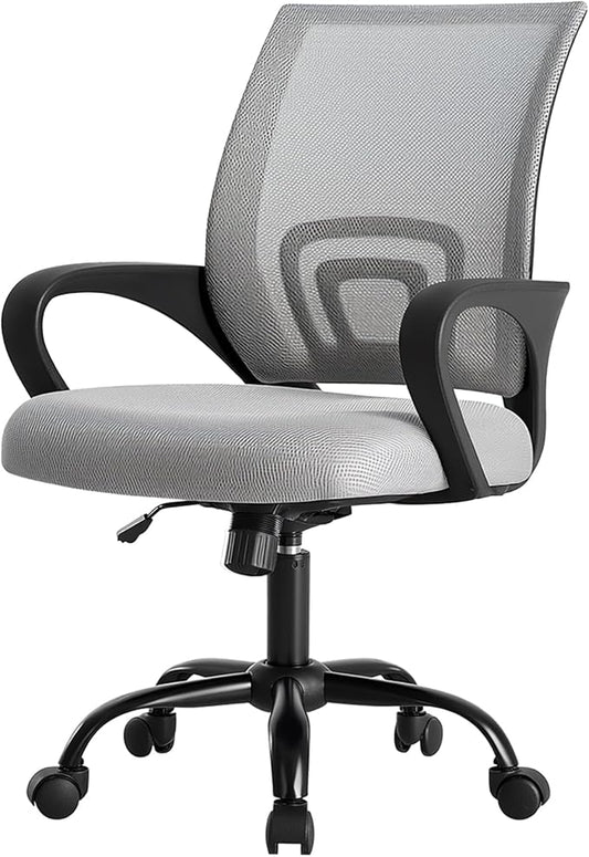 DUMOS Home Office Chair - Ergonomic Mid Back Mesh Desk Chair with Lumbar Support & Rocking Mode, Height Adjustable with Fixed Armrest, for Computer, Gaming, Meeting, Grey, 2 Pack