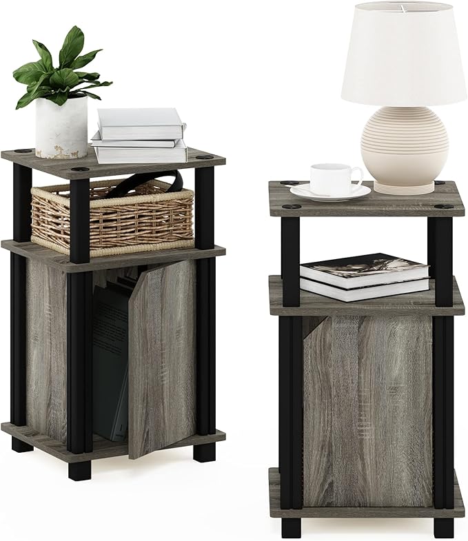 Furinno Brahms 3-Tier End Side Sofa Table/Nighstand with Door, 2-Pack, French Oak/Black