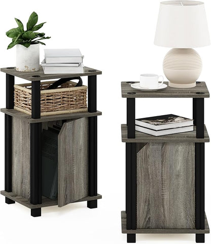 Furinno Brahms 3-Tier End Side Sofa Table/Nighstand with Door, 2-Pack, French Oak/Black