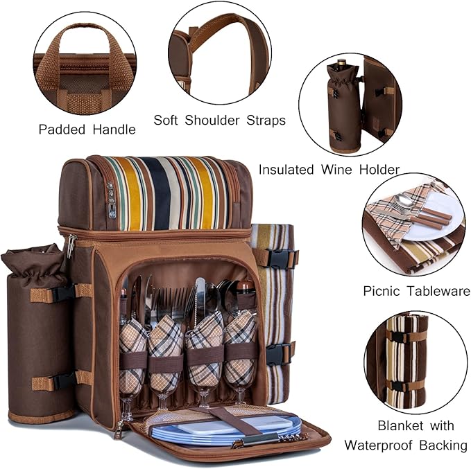 ALLCAMP Picnic Basket Backpack Cooler for 4 Person with 2 Insulated Cooler Bag, Detachable Bottle/Wine Holder, Fleece Blanket, Plates and Cutlery for Family,Couple,Friend Gatherings and Gifts (Brown)