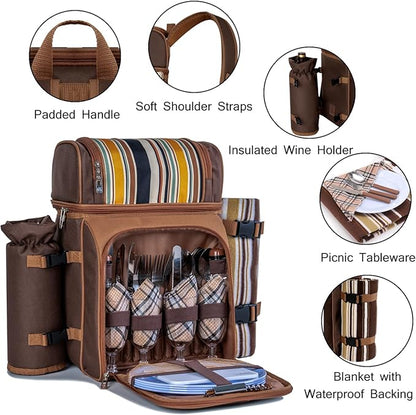 ALLCAMP Picnic Basket Backpack Cooler for 4 Person with 2 Insulated Cooler Bag, Detachable Bottle/Wine Holder, Fleece Blanket, Plates and Cutlery for Family,Couple,Friend Gatherings and Gifts (Brown)