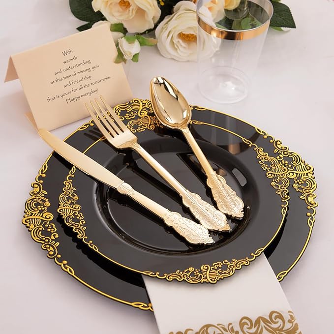 Hioasis 350pcs Black and Gold Plastic Plates - Diposable Dinnerware Set Suitable for 50 Guests Include 10.25" Dinner & 7.5" Dessert Plates, Pre Rolled Silverware Set, Cups for Party & Wedding