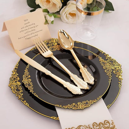 Hioasis 350pcs Black and Gold Plastic Plates - Diposable Dinnerware Set Suitable for 50 Guests Include 10.25" Dinner & 7.5" Dessert Plates, Pre Rolled Silverware Set, Cups for Party & Wedding
