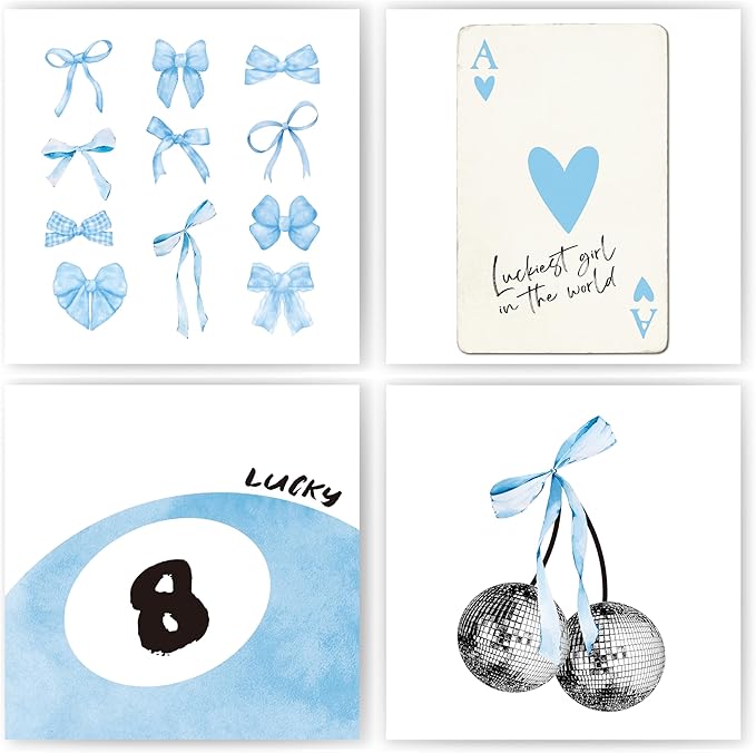 okaxscm Blue Coquette Trendy Preppy Wall Art Prints Set of 4, Coquette Room Decor, Preppy Room Decor Aesthetic, Blue Bow Disco 8 Ball Cherry Wall Decor Posters for Girls Bedroom Dorm, 10x10 Unframed
