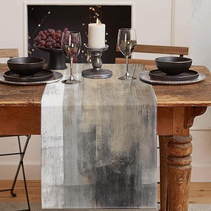 Emvency Farmhouse Table Runner, Abstract White and Brown Art Painting for Kitchen Coffee Table Family Dinners Holiday Parties Wedding Events Decor(13x108 inch)