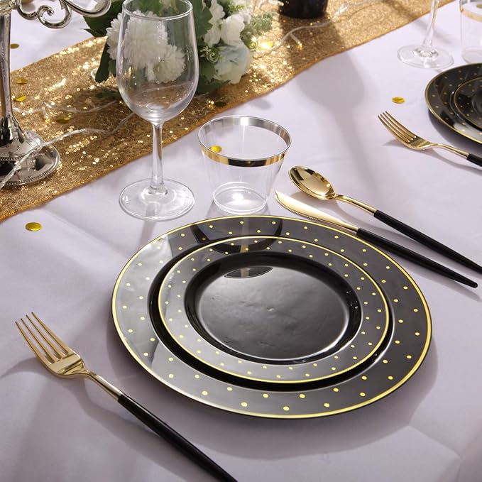 I00000 102 Pcs Clear Black Plastic Plates, Black Disposable Party Plates Include 51 Dinner Plate 10.25’’ and 51 Dessert Plate 7.5’’, Halloween Plates Perfect for Wedding, Party & Halloween