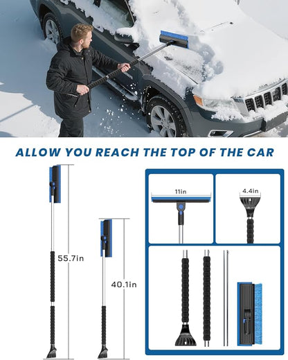 helloleiboo 2025 Extra Long 55.7" Ice Scrapers for Car Windshield Multi-Functional Detachable Car Ice Scraper with Foam Grip and 270° Pivoting Brush Head Snow Brush for SUV Truck Auto (Blue)