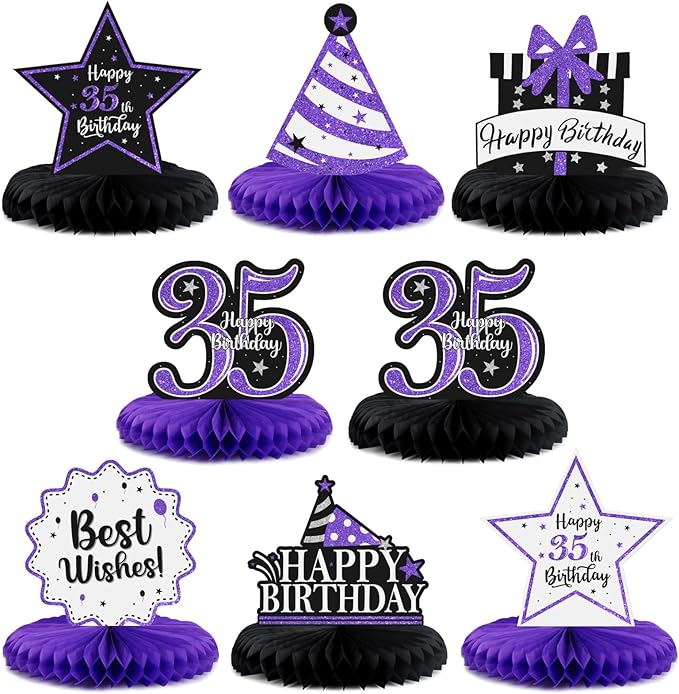 Happy 35th Birthday Decorations,35th Bday Purple Glitter Shiny Stand Honeycomb Table Centerpieces - Cheers to 35 Years Old Birthday Party Photoprop Gift Sign.
