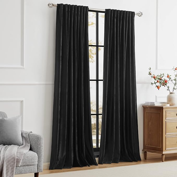 PRIMROSE Black Curtains 84 inch for Living Room Velvet Drapes Blackout Rod Pocket Back Tab Window Treatment Semi Room Darkening Decor Curtains for Bedroom Set of 2 Panels