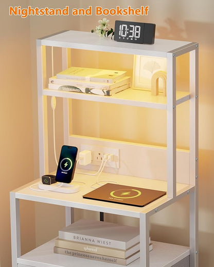 Furnulem Night Stand, Tall White Nightstand with 4-Tier Shelves, 2 PU Fabric Drawers and Light Tube, Bed Side Tables with Charging Station, Bedside Table for Bedroom