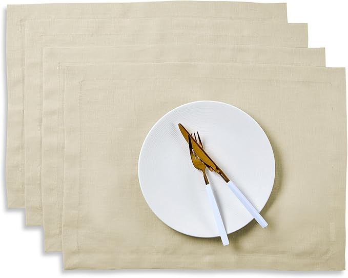 Solino Home Linen Cloth Placemats Set of 4 - 100% Pure Linen Birch Placemats 14 x 19 Inch for Fall, Autumn - Fete