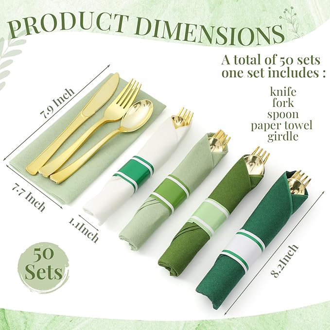 Lasnten 50 Pcs Pre Rolled Sage Green Plastic Silverware Sets for 50 Guest Disposable Plastic Cutlery Set with Napkins for Birthday Wedding Party Supplies
