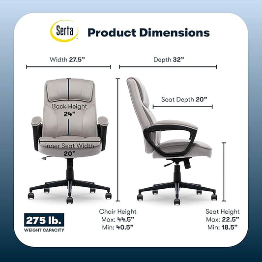 Serta Comfort Classic Executive Office Chair, Ergonomic Mid-Back Computer DeskChair with Lumbar Support, Semi-Plush Cushion and Body Pillows, Padded Armrests, Swivel Base, Taupe Velvet Fabric