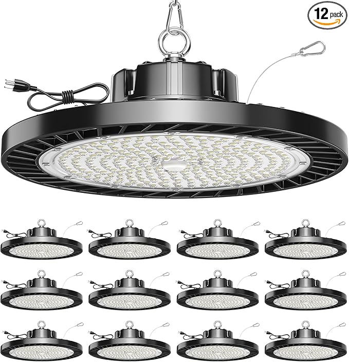 12 Pack UFO LED High Bay Light, 150W 5000K Daylight, 22500LM (Eqv. 800W MH/HPS), Commercial High Bay LED Shop Lights with US Plug for Garage Workshop Warehouse Barn, Plug&Play