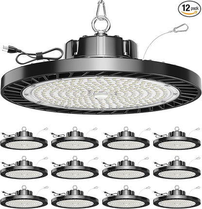 12 Pack UFO LED High Bay Light, 150W 5000K Daylight, 22500LM (Eqv. 800W MH/HPS), Commercial High Bay LED Shop Lights with US Plug for Garage Workshop Warehouse Barn, Plug&Play