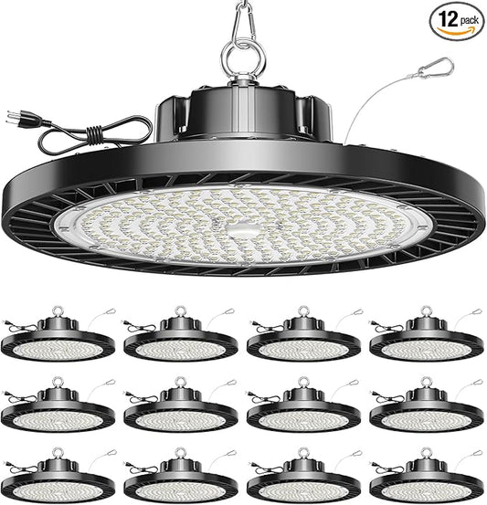 12 Pack UFO LED High Bay Light, 150W 5000K Daylight, 22500LM (Eqv. 800W MH/HPS), Commercial High Bay LED Shop Lights with US Plug for Garage Workshop Warehouse Barn, Plug&Play