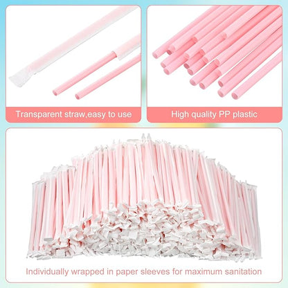 Hoolerry 1500 Pcs 8 Inch Plastic Straws Disposable Individually Wrapped Drinking Straight Long Straws, 0.24" Wide, for Hot and Cold Beverages (Pink)