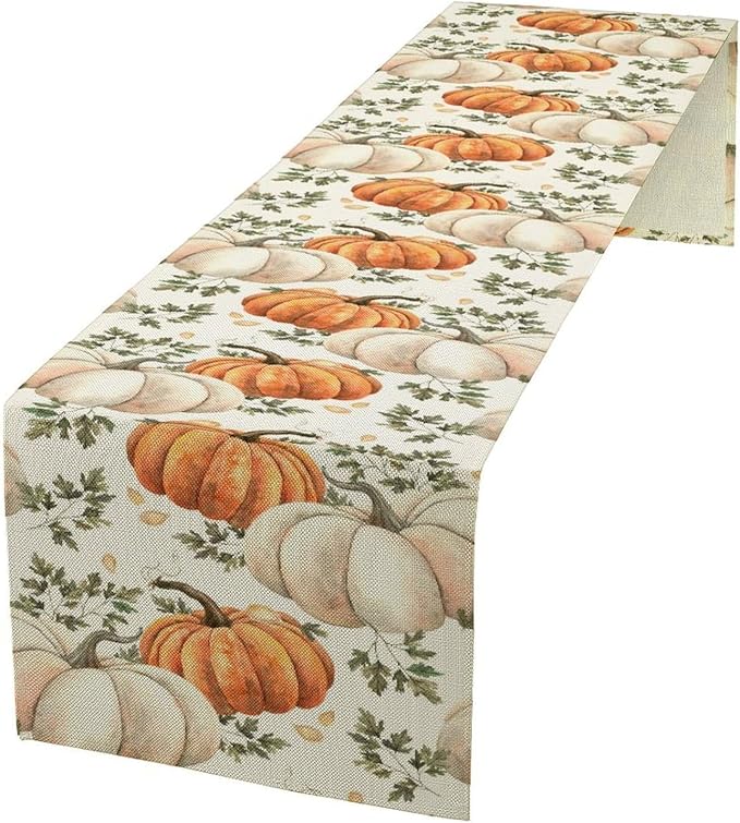 Fall Pumpkin Table Runner White Orange Vegetables Seeds Parsley Watercolor Hand-Painted Illustration Home Decor for Farmhouse Indoor Outdoor Party Holiday Dining Kitchen Restaurant Cafe W13xL72in
