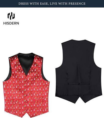 HISDERN Men's Suit Vest Christmas Holiday Season Party Jacquard Waistcoats Necktie Pocket Square Vest Suit Set