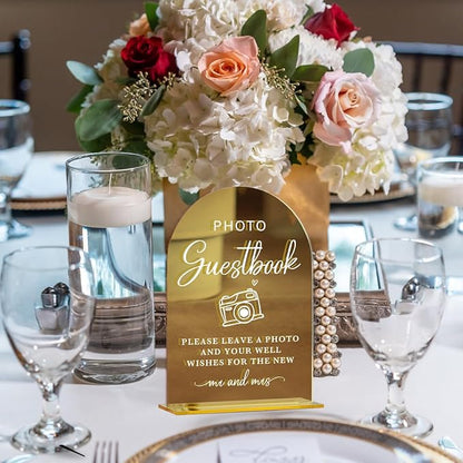 Acrylic Wedding Sign, Bridal Shower Decorations, Photo Guestbook Sign for Ceremony, Modern Font Table Signs, Gold Mirror Arched Acrylic Tabletop Signs for Wedding Reception and Event Party