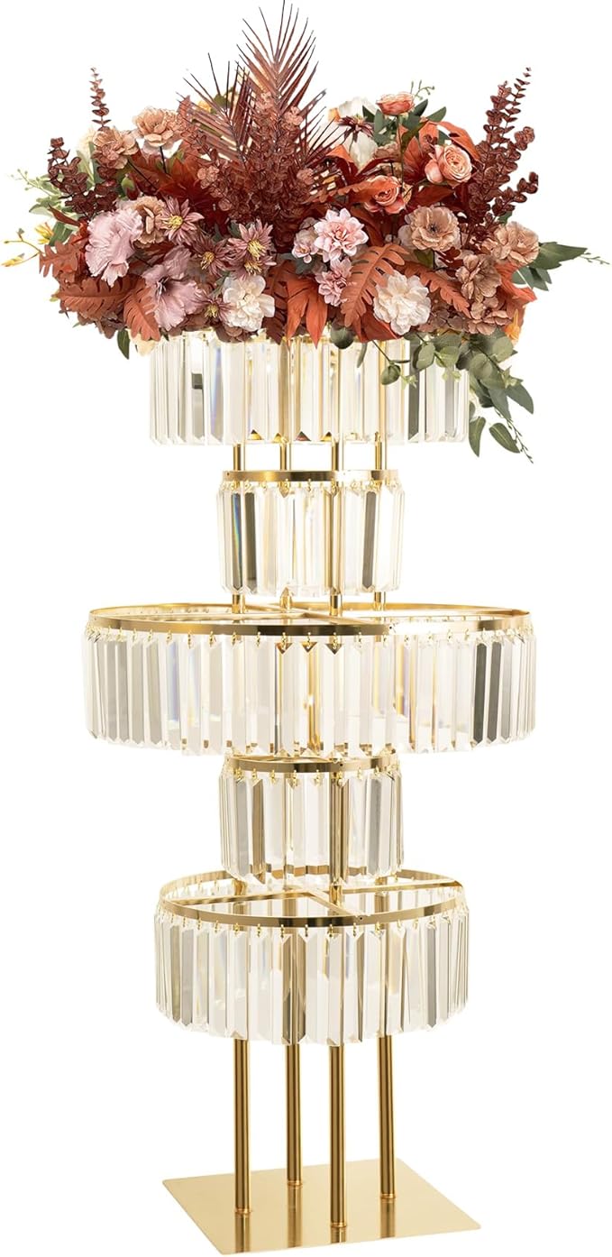 5-Tier Crystal Vase for Table Centerpiece, Large Wedding Decor Flower Stand, Metal Chandelier Stand with Crystal Pendants, Elegant Flower Display Rack for Party Event Home Wedding Decoration (Gold)