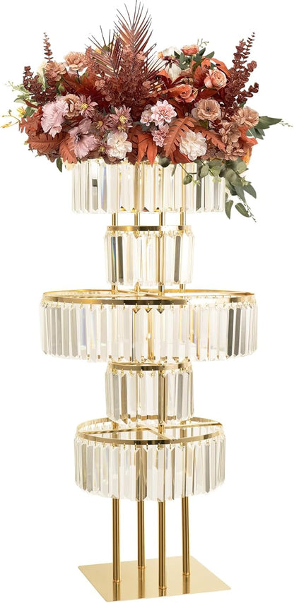 5-Tier Crystal Vase for Table Centerpiece, Large Wedding Decor Flower Stand, Metal Chandelier Stand with Crystal Pendants, Elegant Flower Display Rack for Party Event Home Wedding Decoration (Gold)